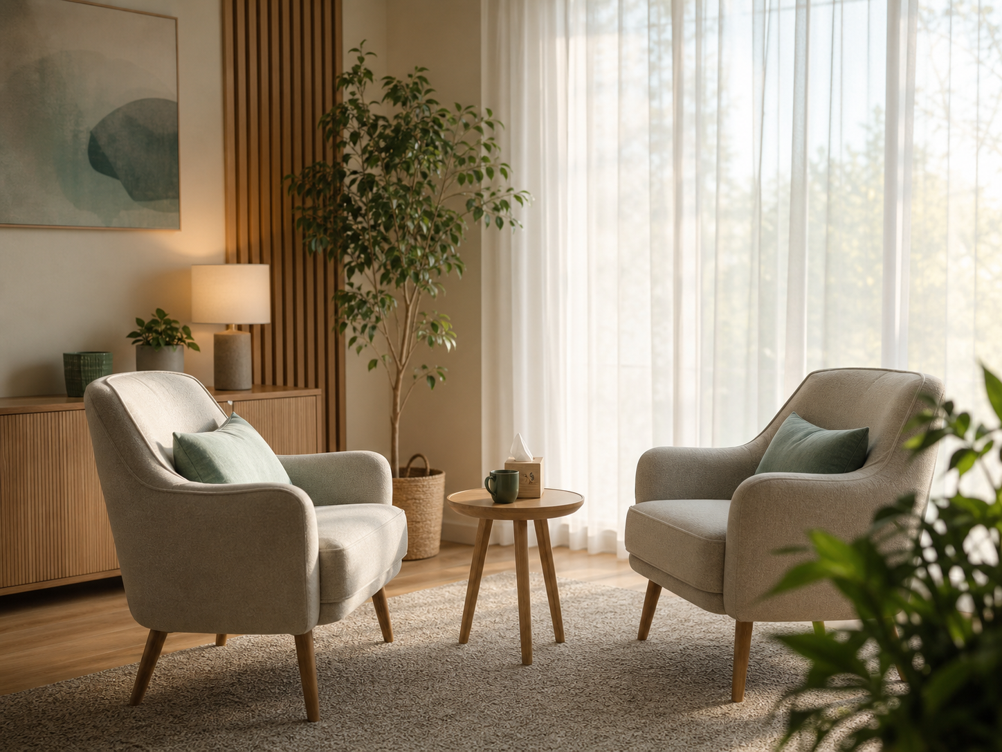 Calm Psyllora consultation space with comfortable seating, indoor plants and natural daylight